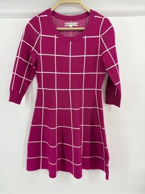 Poppies & Roses Girls Size 12 Sweater Dress Pink White Windowpane 3/4 Sleeve